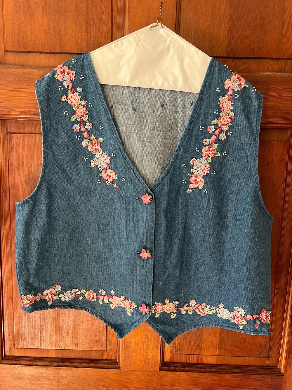 Vintage Floral Embroidered Denim Vest XL Boho Hippie Cottagecore